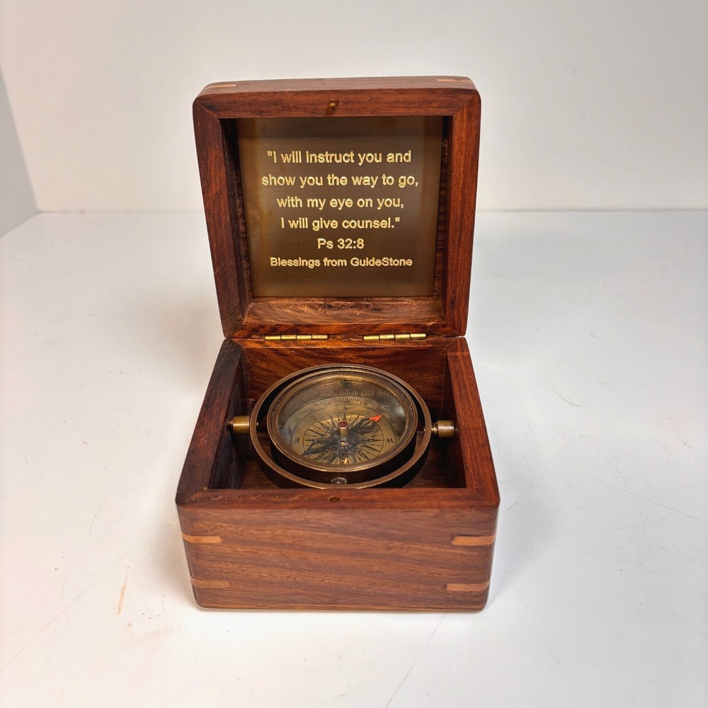 GuideStone Stanley London Brass Compass in Wood Box, Psalm 32:8 Engraving